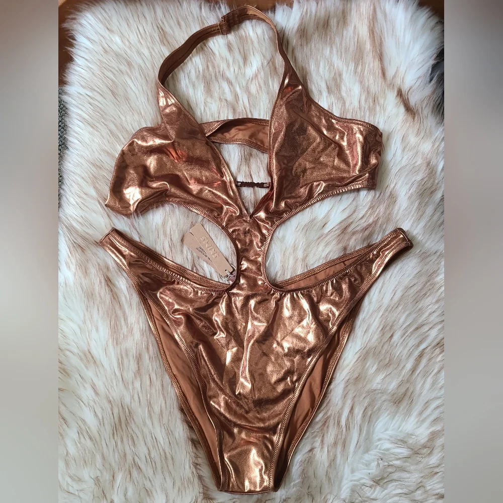 NWT SKIMS Metallic Halter Monokini Size 3X